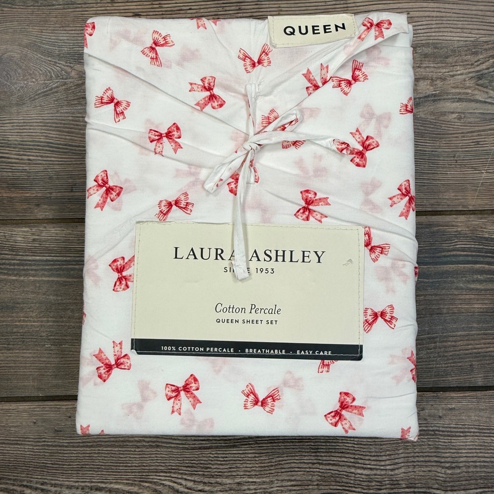 Laura Ashley Queen Sheet Set Cotton Percale‎ Bouncy Bows Red White 4pc A0007047